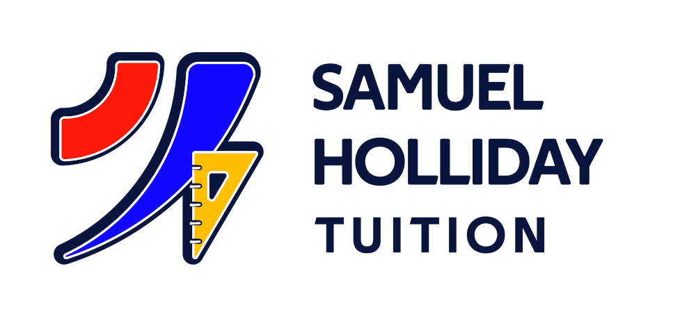 The logo of Samuel Holliday Tuition. Shown from left-to-right: a quarter circle in red, a diverging curve in blue, and a set square in yellow, and the company name written to the right.